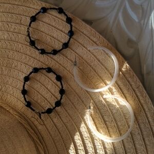 Black Beads And White Plastic Mother of Pearl Style Hoops Earrings